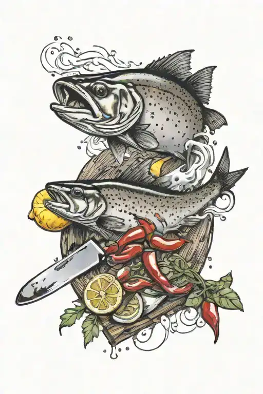 A knife cuts a whole trout and red chili peppers, lemon and cilantro on a wooden board tattoo design idea