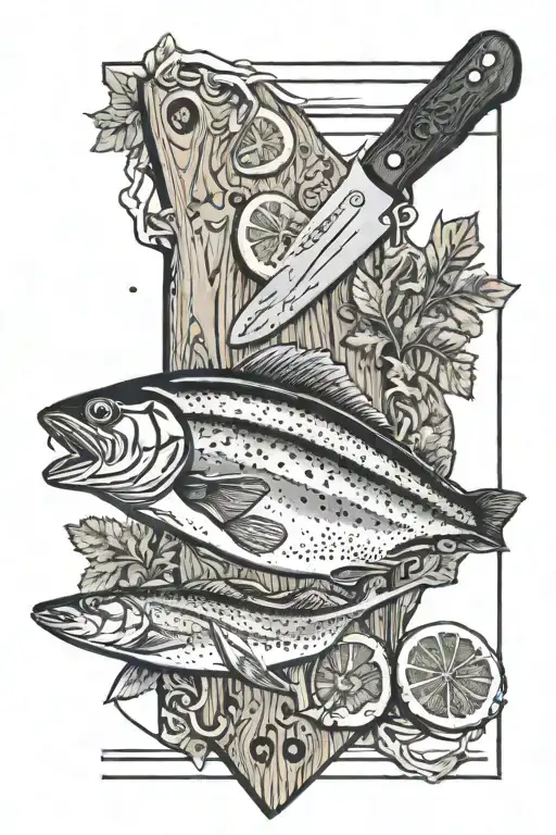 A chef's knife cuts a whole trout, lemon wedges and cilantro on a wooden board tattoo design idea