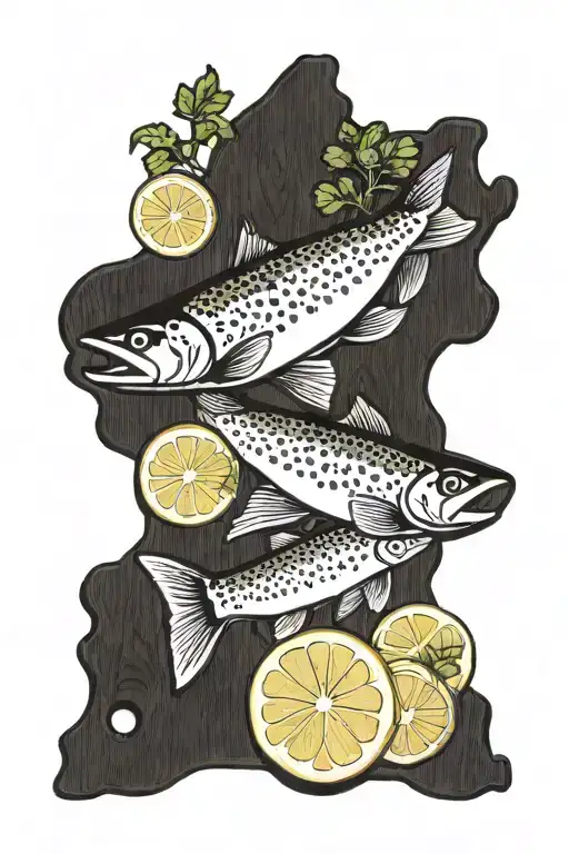 A chef's knife cuts a whole trout, lemon wedges and cilantro on a rectangular wooden board tattoo design idea