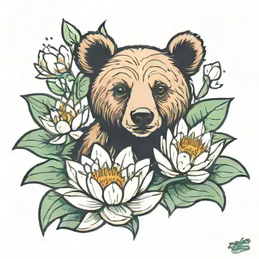 bear cub water lily flower tattoo design idea