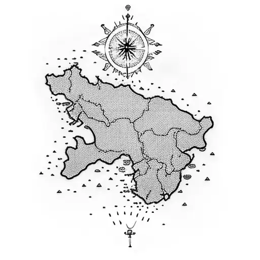A dotwork tattoo of a symmetrical map of Italy with Lago Maggiore highlighted as a focal point tattoo design idea