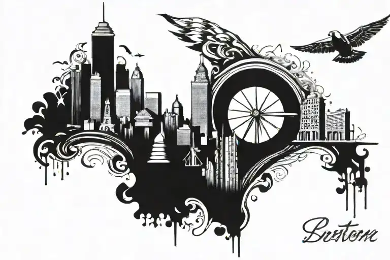 A tattoo design combining the Boston skyline with iconic landmarks from Mumbai, incorporating elements of music and artistry tattoo design idea