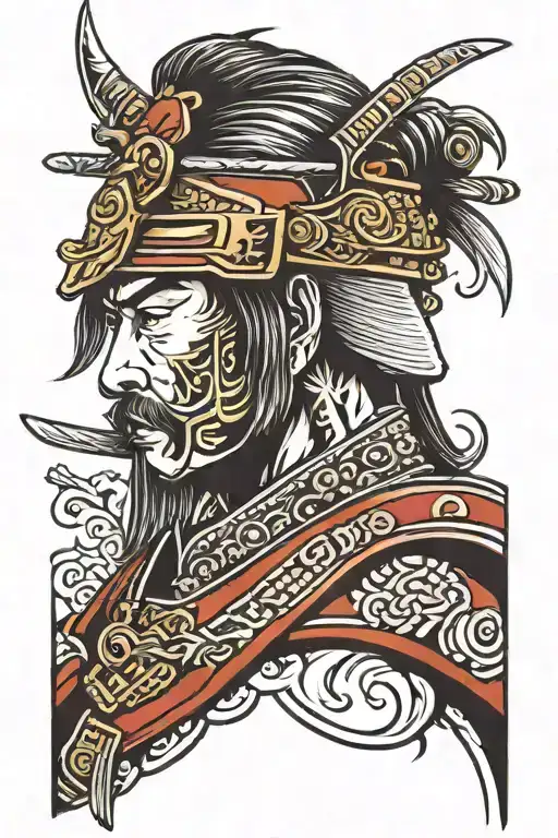 samurai warrior face profile holding tattoo design idea