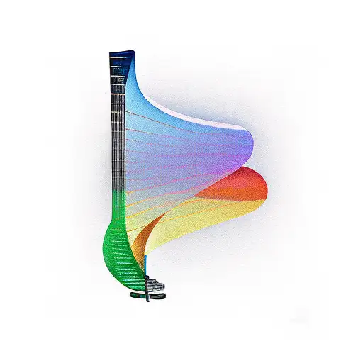 A minimalist design of a harp guitar and piano keys forming a rainbow shape tattoo design idea