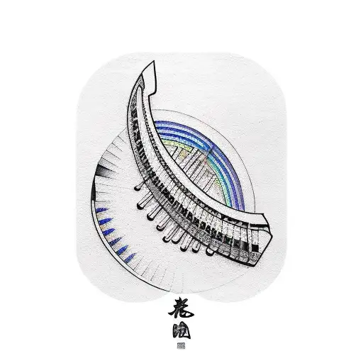 A minimalist design of a harp guitar and piano keys forming a rainbow shape tattoo design idea