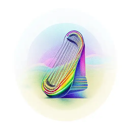 A minimalist design of a harp guitar and piano keys forming a rainbow shape tattoo design idea