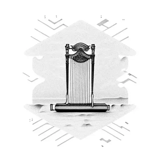 A minimalist design of a harp guitar and piano keys forming a rainbow shape tattoo design idea