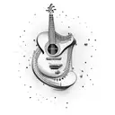 A harp guitar with rainbow strings and a piano keyboard incorporated into the body tattoo design idea