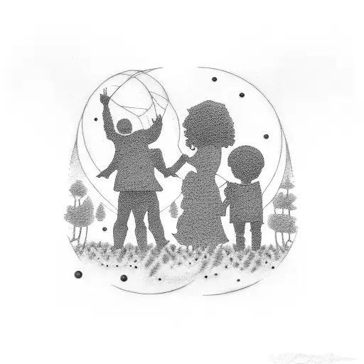 silhouette of four grandparents with little grandson in the center tattoo design idea