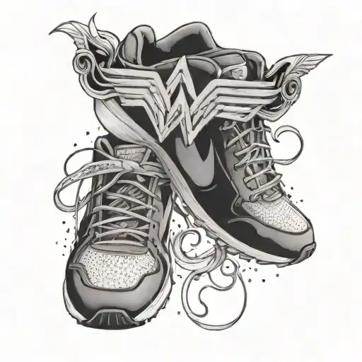A minimalist design of Wonder Woman's tiara intertwined with a running shoe, symbolizing strength and speed, executed in a dotwork technique tattoo design idea