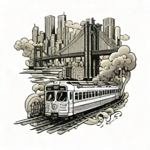 Utica Ave 4 train with the Brooklyn bridge and the twin tower in the background surrounded by music notes tattoo design idea