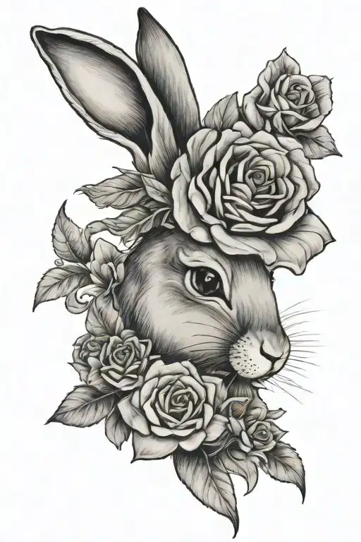 rabbit, rose, daisy, pearls, tattoo design idea