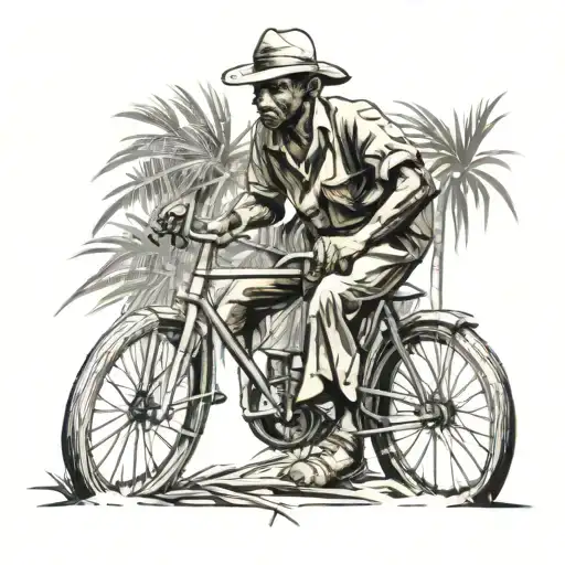 sugar cane field, a manual worker cutting sugar cane with his sword during the 1940s in mauritius, with his old bicycle  tattoo design idea