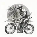 sugar cane field, a manual worker cutting sugar cane with his sword during the 1940s in mauritius, with his old bicycle  tattoo design idea
