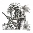 sugar cane field, a manual worker cutting sugar cane with his sword during the 1940s in mauritius, with his old bicycle  tattoo design idea