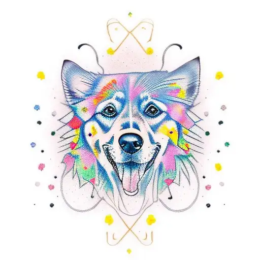 tatuaje en colores de un perro sentado al lado de un árbol mirando unas mariposas  tattoo design idea