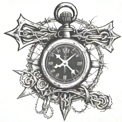 cross wrapped in barbed wire with stopwatch in the center   tattoo design idea