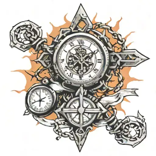 cross wrapped in barbed wire with stopwatch in the center   tattoo design idea