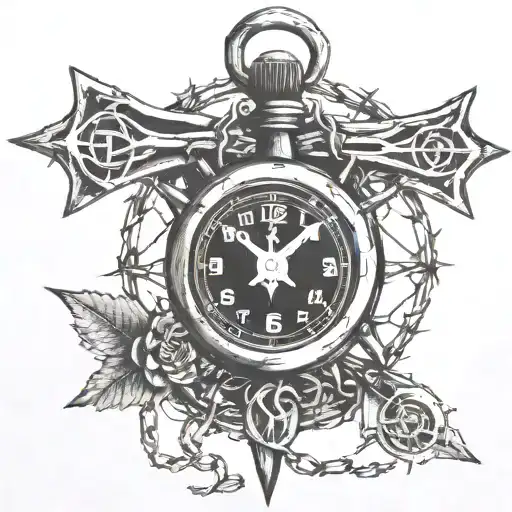 cross wrapped in barbed wire with stopwatch in the center   tattoo design idea