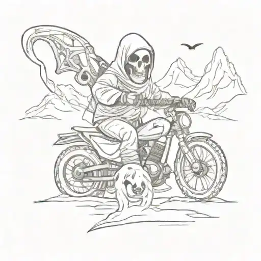Design a grim reaper holding a mountain bike and a snowmobile in each hand tattoo design idea