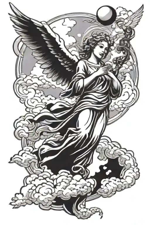 clouds with an angel breaking free tattoo design idea