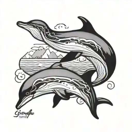 dolphin in sunset with the name SANDY in georgia font tattoo design idea
