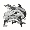 dolphin in sunset with the name SANDY in georgia font tattoo design idea