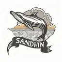 dolphin in sunset with the name SANDY in georgia font tattoo design idea