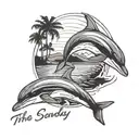 dolphin in sunset with the name SANDY in georgia font tattoo design idea