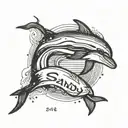 dolphin in sunset with the name SANDY in georgia font tattoo design idea