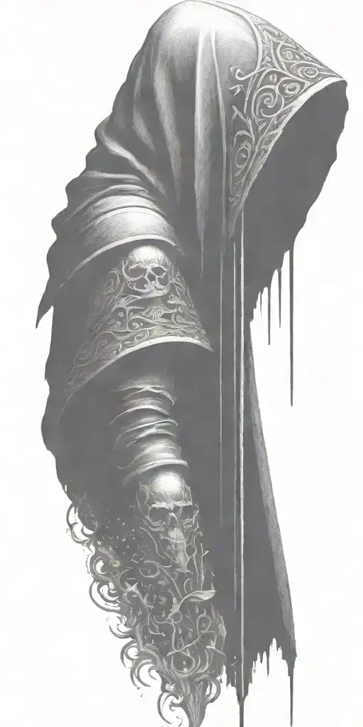 hooded reaper silohuette, smoke, fire, scary, bat wings tattoo design idea