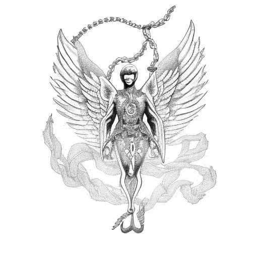 powerful guardian angel standing on an anchor while holding the chain tattoo design idea