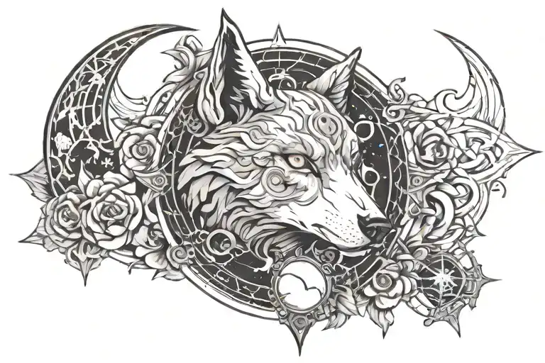 Gothic wolf. In the background there is a starry night sky, a ram's skull, and a tarot-style moon and sun. tattoo design idea