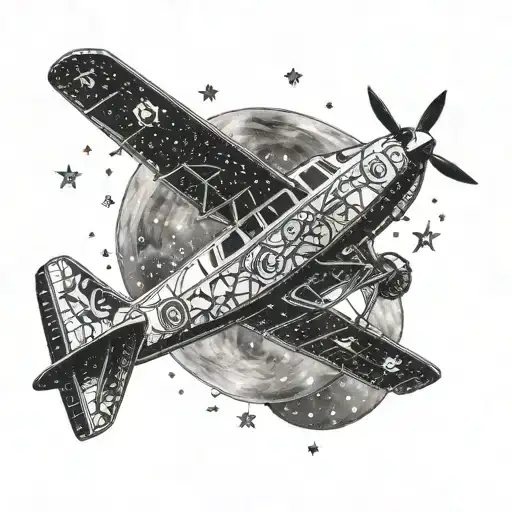 A detailed blackwork tattoo of a Cessna airplane flying through a galaxy filled with stars tattoo design idea