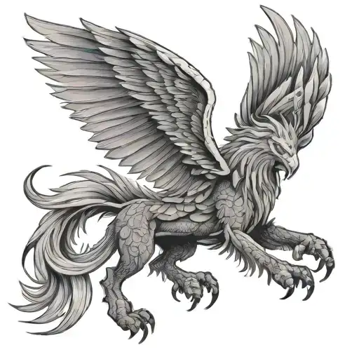 eagle wings, lion mane, horse legs, wolf head, fish tail, let it look like a dragon. tattoo design idea