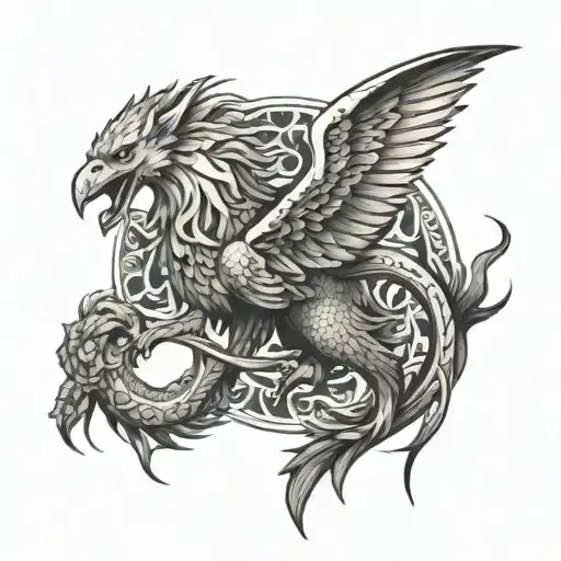 eagle wings, lion mane, horse legs, wolf head, fish tail, let it look like a dragon. tattoo design idea
