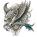 let it have eagle wings, lion mane, horse legs, wolf head, fish tail, let it look like a dragon. tattoo design idea