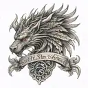 let it have eagle wings, lion mane, horse legs, wolf head, fish tail, let it look like a dragon. tattoo design idea