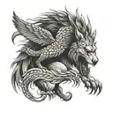 let it have eagle wings, lion mane, horse legs, wolf head, fish tail, let it look like a dragon. tattoo design idea