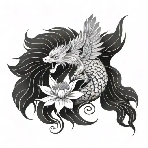 Japanese phoenix, lion fu, geisha and lotus flower  tattoo design idea