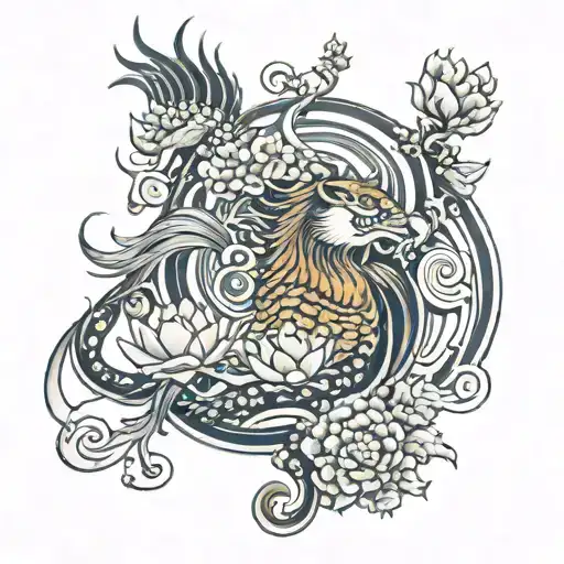 Japanese phoenix, lion fu, geisha and lotus flower  tattoo design idea