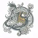 Japanese phoenix, lion fu, geisha and lotus flower  tattoo design idea