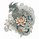 Japanese phoenix, lion fu, geisha and lotus flower  tattoo design idea