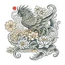 Japanese phoenix, lion fu, geisha and lotus flower  tattoo design idea