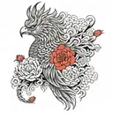 Japanese phoenix, lion fu, geisha and lotus flower  tattoo design idea