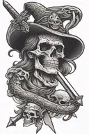 dark angle with sword, skull, and vipers witch open mouth tattoo design idea