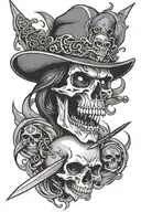 dark angle with sword, skull, and vipers witch open mouth tattoo design idea