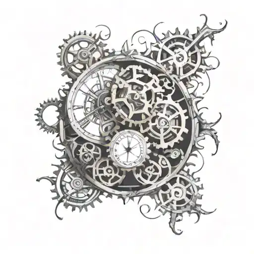 A tattoo design featuring a double face intertwined with intricate clock gears representing the passage of time tattoo design idea