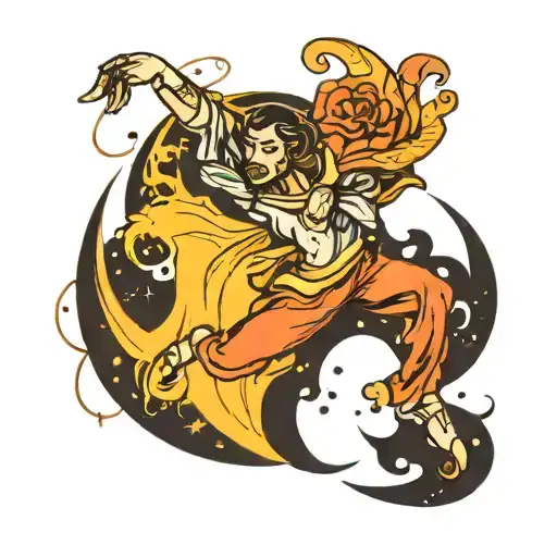 A dancer gracefully leaping across the sky with a double face mask, surrounded by a crescent moon and artistic elements tattoo design idea