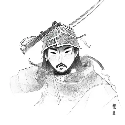 Japanese warrior with a sword on stormy weather, lightning behind him tattoo design idea